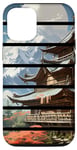 Coque pour iPhone 15 Pro Cercle rétro japonais temple naturel scène, soleil montagnes art
