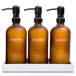 Casa Sofia Shampoo and Conditioner Dispenser (Set of 3,16oz) - Shower Soap Bottles, Refillable Body Wash Dispensers with Pump, Modern Frosted Amber Glass Guest Bathroom Decor Essentials Bottle & Tray