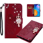COTDINFORCA Huawei P30 Pro Case Crystal Bling PU Leather Retro Shine Diamond Owl Shockproof Slim Cover Card Holder Magnetic Lock Phone Case For Huawei P30 Pro Deep Red OWL YK.