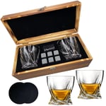Whiskey Stones Glass Gift Set - 2 Classic Whisky Glasses, 6 Cooling Whisky Stones, 2 Coasters, Luxury Wooden Box, Ideal for Scotch, Great Gift for Men, Dads