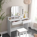 Coiffeuse avec 3 Miroirs, 2 tiroirs et 3 Compartiments de Rangement, sans tabouret, 100 x 40 x 142 cm, Style Moderne, Blanc