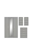 One Call Sanford Part Assembled High Gloss 4 Piece Package - 3 Door Mirrored Wardrobe, Chest Of 5 Drawers And 2 Bedside Chests