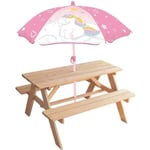 Table pique-nique Licorne en pin avec parasol - FUN HOUSE - H.53 x l.95 x P.75 cm - Pour enfant
