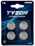 Tyzon - Piles Lithium CR2025, Pack de 4 - Cellules Bouton Durable pour Montres, Télécommandes et Appareils Électroniques