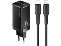 USAMS Lad. network. MT 2xUSB-C+USB GaN 65W T33 PD + USB-C-Lightning cable 30W Fast Charging black/black MTXLOGTL01