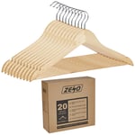 ZENO Strong Natural Wood Wooden Coat Hangers Round Trouser Bar and Shoulder Notches (20 Pack)