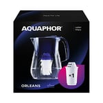 AQUAPHOR Orleans Water Filter Jug 4.2L, for reduction of limescale, Chlorine and other impurities, 1x A5 350 litre Added Magnesium Cartridge - Premium Water Filter jug in Glass effect. Blue