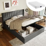 Lit capitonné lit coffre lit hydraulique (linge gris 160x200cm avec matelas), lit avec sommier à lattes en structure métallique