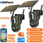 2* Cellular 4G LTE 1080P Dual Lens PIR Trail Camera Solar PTZ Security IP Cam