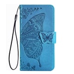 TANYO Case Suitable for Xiaomi Mi 10 5G, PU + TPU Leather Flip Protective Case, Embossed Flower Butterfly Wallet Cover [Cash and Card Slots][Lanyard][Support Kickstand] Blue