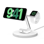 Belkin BoostCharge Pro 3-in-1 Wireless Charger with Qi2 for iPhone 15, 14, 13 and 12 + Apple Watch + AirPods (Magnetically Charges iPhone 15, 14, 13 and 12 Models up to 15W) - White