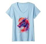 Womens mythical fierce blue red purple Asian dragon sky moon art #2 V-Neck T-Shirt