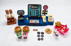 Kids Electronic Cash Register Toy, Scanner, Coffee Machine Till Play Food Basket