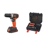 BLACK+DECKER 18 V Cordless Drill Driver with 10 Torque Settings, 1.5 Ah Lithium-Ion Battery, BCD001C1-GB & Black + Decker A7188 Drill and Screwdriver Bit Set 50-Piece