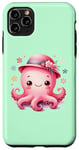 Coque pour iPhone 11 Pro Max Fond vert avec pieuvre mignonne avec chapeau et fleurs