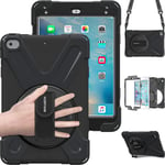 iPad Mini 5 Case, iPad Mini 4 Case kids, BRAECN Drop Protection Protective Heavy Duty iPad Case with a 360 Degree Swivel Stand/a Hand Strap and a Shoulder Strap for iPad Mini 4/5 Case (Black)