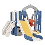 Merax Kids Slide Swing Set Climbing Frame | 5 in 1 Multifunctional Toddler Slide with Climb Ladder Storage Swing Basketball Hoop | Blue