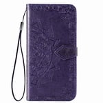 Fertuo Case for Moto G8 Power, Premium Leather Flip Wallet Case with [Card Slots] [Kickstand] [Hand Strap] Mandala Flower Embossed Shockproof Cover Case for Motorola Moto G8 Power, Purple