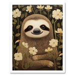 Sloth with Jasmine and Anemone Flowers Elegant Artwork Art Print Framed Poster Wall Decor 12x16 inch
