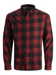 JACK & JONES Boys Long Sleeve Check Shirt Button Down 100% Cotton Casual Regular Fit Shirts for Kids, Red Colour, Size- 10 Years