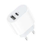 Dual Port Snabbladdare USB-C för iPhone 11/12/13/14,15, Samsung Vit