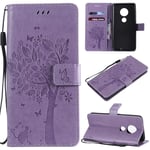 Motorola Moto G7 / G7 Plus Case, SATURCASE Cat Tree Embossing PU Leather Flip Magnet Wallet Stand Card Slots Protective Case Cover with Hand Strap for Motorola Moto G7 / G7 Plus (Lavender)