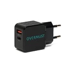 OVERMUST 25W Wall Charger - 25W Charger with USB-C PD e USB-A QC 3.0 Outputs to recharge iPhone 14, 13, 12 Pro Max, Samsung, Huawei, iPad, AirPods etc.