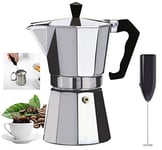 HK Online Italian Espresso STOVE TOP Coffee Maker & Electric MILK FROTHER -Continental Percolator Pot Jug, Camping, Caravan, Brewing Rich Coffee (6 CUP Espresso & Frother)