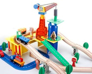 Wooden 80 Pcs Busy Crane & Train Set Railway Track Toy Brio Bigjigs Compatible