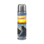 BKEOY Travel Mug Vacuum Insulated Stainless Steel Double Wall Leak Proof Mug Bottles Sunset Sea Dolphin Personalized Printed Genuine Leather Wrapped Thermos Flask 500ml