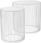 Kare Design Side Table Wire, White, set of two, steel rack, safety glass tabletop, round, modern side table living room, bedroom, Ø44cm