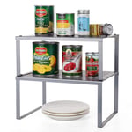 2 Pack Cupboard Organiser, Kitchen Shelf Organiser Insert, Stackable&Expandable Storage Shelves Spice Rack for Kitchen Cabinets, Utensils, Food, Counter-Tops - Silver