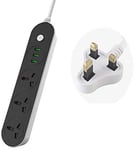 IMFAA Extension lead with 3-USB Slots & 3 Sockets 13A Power Strips Multi Plug Charging Station Compatible with iPhones/Tablet/Laptops. 2 Meter Cord - Black…
