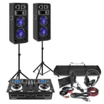 Fenton Home DJ Setup Double 8" PA Speakers, Twin CD Mixer with Stands, Microphone Headphones Kit- Full Starter Set