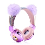 Kids Headphones Glitter Bear Ear Volume Limiting Adjustable Cute Anime Wired Headphones for Girls School Gifts Parties (Purple-Bear Ear)