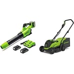 Greenworks 2x24V blower, mower with 2x2Ah battery and dual-slot charger
