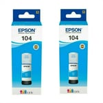 2 x Epson 104 Cyan EcoTank Printer Ink Bottle T00P2 for ET-2710 2711
