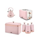 Tower Housewares Pink & Rose Gold Cavaletto Pyramid Kettle, 2 slice Toaster Bread Bin Canisters