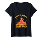 Womens Autumn Vibes Pumpkins Meditation Orange Leaves Yoga Fall V-Neck T-Shirt