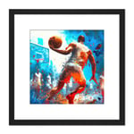 Baller in Motion Street Basketball USA Oil Splatter Painting Square Wooden Framed Wall Art Print Picture 8X8 Inch