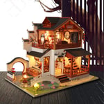 Miniature Furniture Dollhouse Kit Villa House Model Wooden Puzzle DIY Dolls House LED Lights Hand Craft Gift Puzzle Building Toys Valentine's Day for Creative Birthday Gift (35*26.5*30 Cm),With dust cover