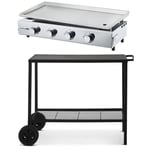 Plancha à gaz 4 feux BRASILIA Tout inox Surface cuisson XXL 84 x 34 cm + Chariot pour plancha en acier BRASERO 100 cm 2 roulettes