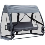 Balancelle de jardin convertible 3 places grand confort : matelas assise dossier, moustiquaire intégrale zippée avec toit, pochette rangement métal