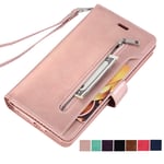 ZCDAYE Zipper Wallet Case for iPhone XR,Premium Magnetic Multi-functional Handbag Dual Folio PU Leather Stand Flip Case Cover with [Card Slots][Wrist Strap] for iPhone XR - Rose Gold