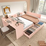 Enkelsäng för barn 140x200 cm - med skrivbord - med 2 lådor - med hyllor - massivt trä - rosa (utan madrass)