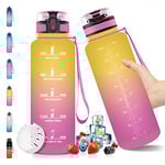 Vikaster Bouteille d'eau,Gourde sport en Tritan 1,5 litre BPA free,1500ml Gourde Sport,Étanche & Réutilisable,avec Filtre et Marqueur Temps,Bouteille sport vélo,Gym,enfants,sport JB-VC Jaune/Rose