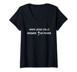 Womens When Jesus Calls Answer The Phone With Cross V-Neck T-Shirt