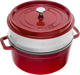 Staub 1004352 Cast Iron Roaster/Cocotte, With Steam Insert, Round 26 cm, 5.2 L, With Matte Black Enamel Inside the Pot, Cherry Red