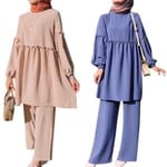 Women Muslim Islamic Long Sleeve Pleated Top Pants Set Abaya Khaki M