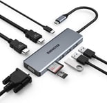 HUB USB C, Adaptateur USB C OBERSTER 9 en 1 Comprenant 2x4K HDMI, VGA, 100 PD, 3 USB 3.0, lecteurs de Cartes SD/TF pour Ordinateur Portable, Windows et tablettes et Autres Ordinateurs Portables